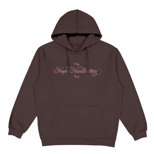Brown hoodie with text on a white background