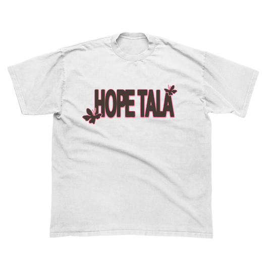 White crew neck t-shirt with the text 'HOPE TALA' printed on the front, accompanied by a graphic of a butterfly.