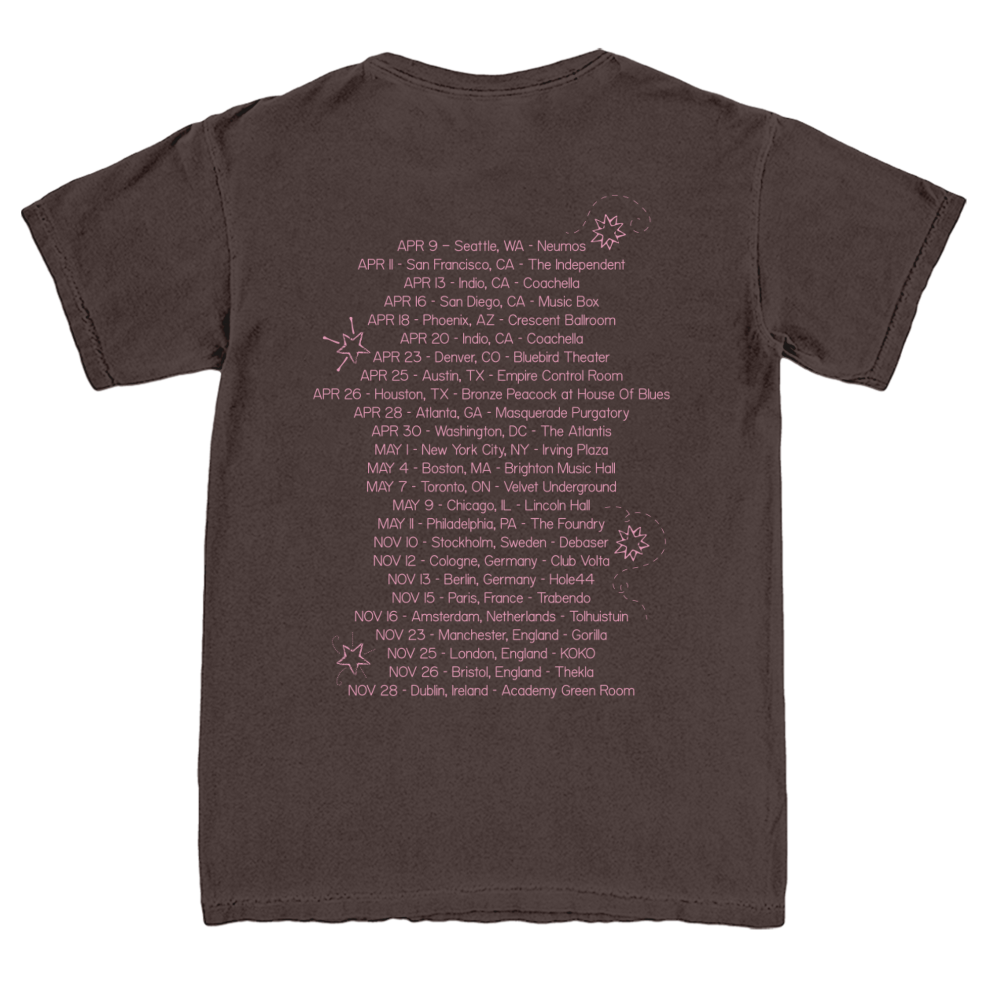 Brown t-shirt with a list of dates and locations printed on the back.