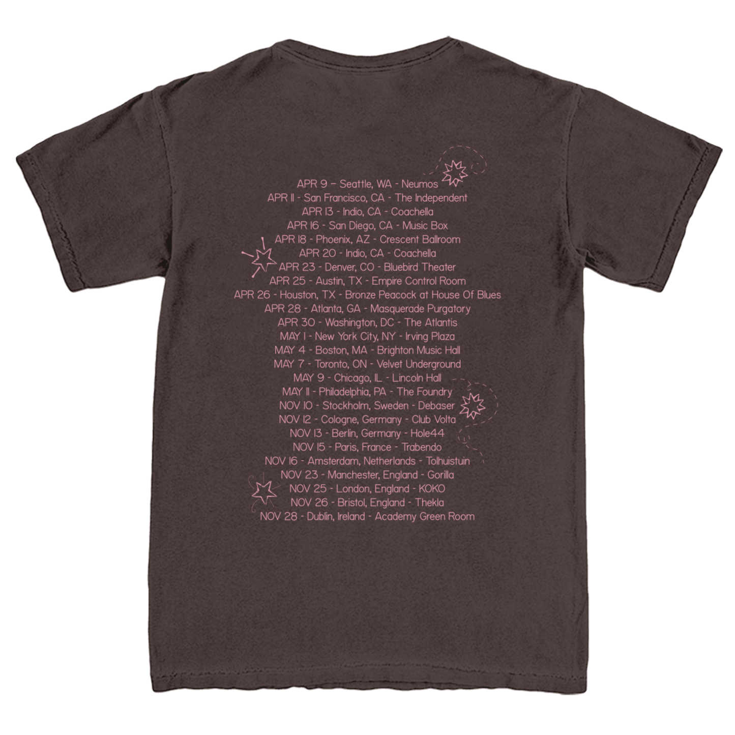 Brown t-shirt with a list of dates and locations printed on the back.