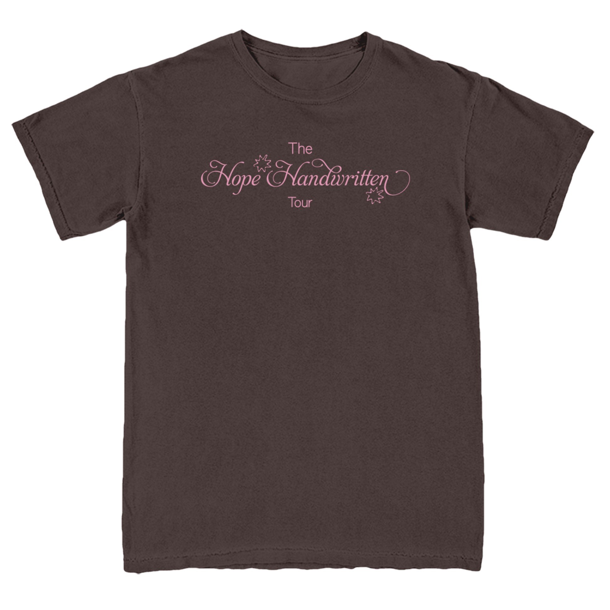 A brown crew neck t-shirt with 'The Hope Handwritten Tour' printed on the front.