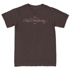 A brown crew neck t-shirt with 'The Hope Handwritten Tour' printed on the front.