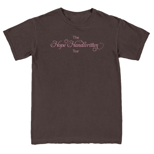 A brown crew neck t-shirt with 'The Hope Handwritten Tour' printed on the front.