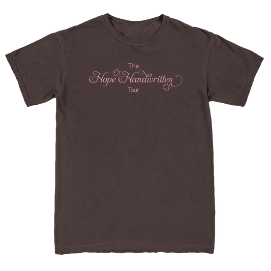 A brown crew neck t-shirt with 'The Hope Handwritten Tour' printed on the front.