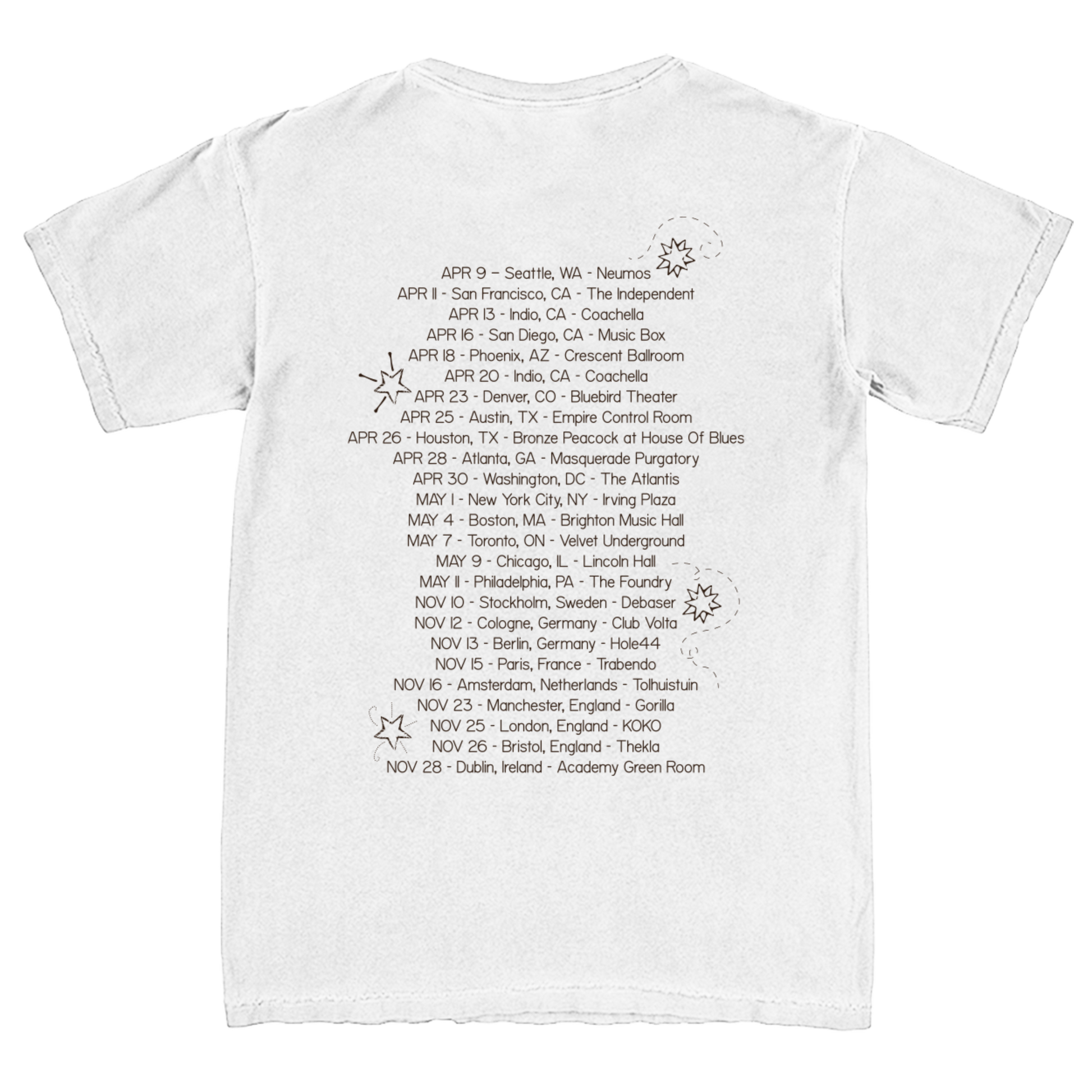 White t-shirt with printed text and graphics on the back.