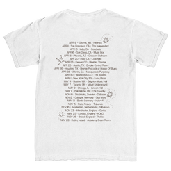 White t-shirt with printed text and graphics on the back.