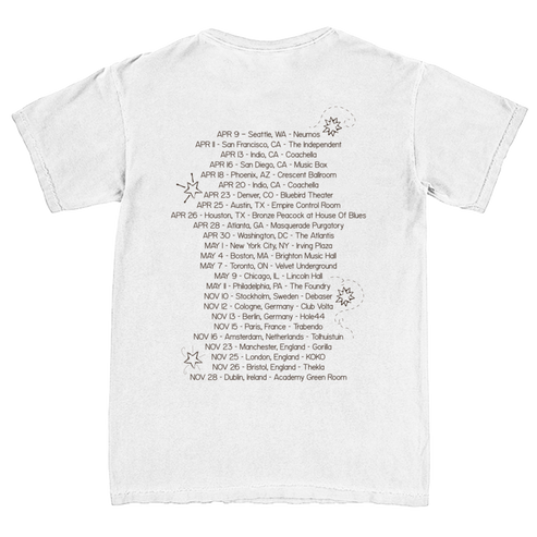 White t-shirt with printed text and graphics on the back.