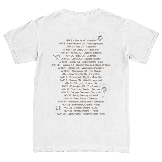 White t-shirt with printed text and graphics on the back.