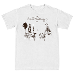 White crew neck t-shirt with 'The Hope Handwritten Tour' text and associated graphics on the front and back.