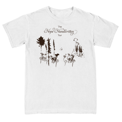 White crew neck t-shirt with 'The Hope Handwritten Tour' text and associated graphics on the front and back.