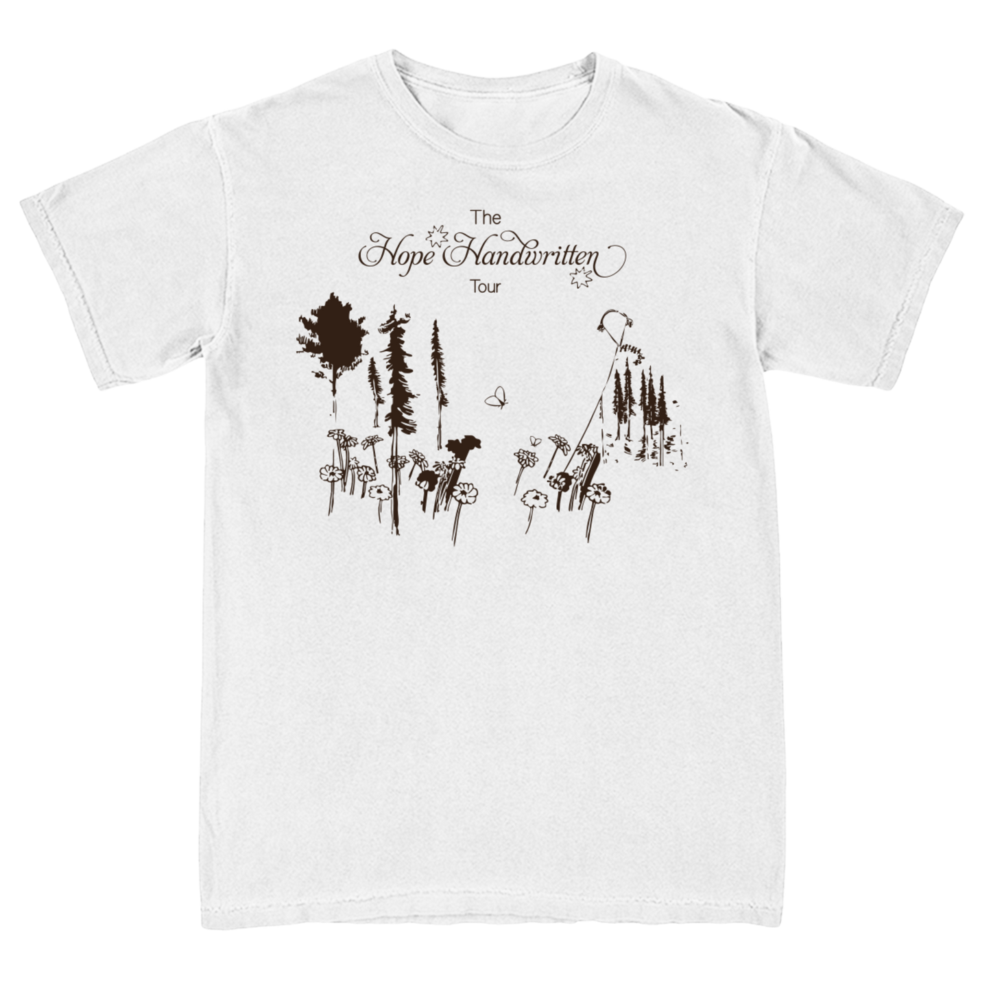 White crew neck t-shirt with 'The Hope Handwritten Tour' text and associated graphics on the front and back.