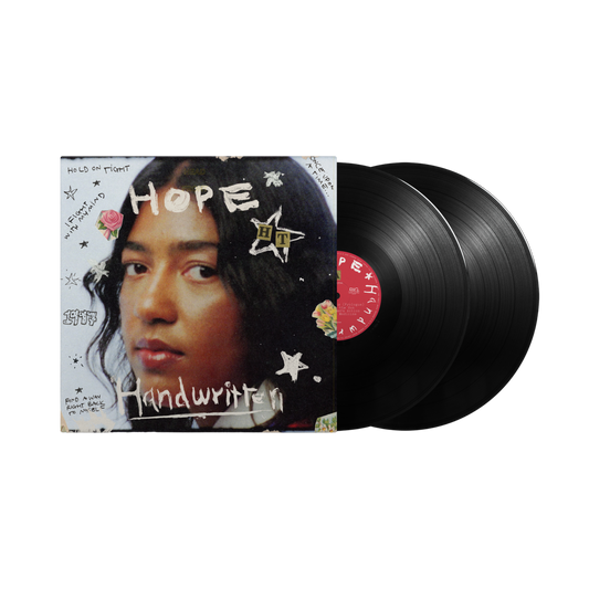 Vinyl records with a cover featuring a person's face and text on a white background. Hope Handwritten